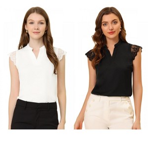 INSPIRE CHIC Women's Work Office V Neck Stand Collar Lace Cap Sleeve Basic Blouse 2 Pieces - 1 of 4