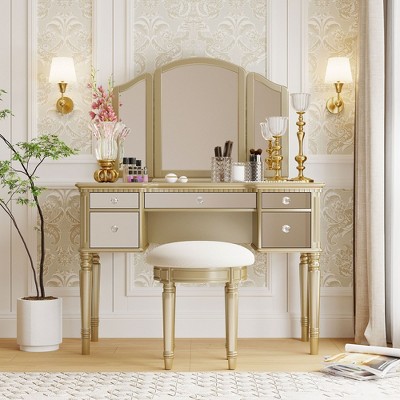 NicBex Makeup Vanity Desk with Mirrored Drawers and Stool, Tri-fold Mirror Modern Dressing Table Set for Bedroom