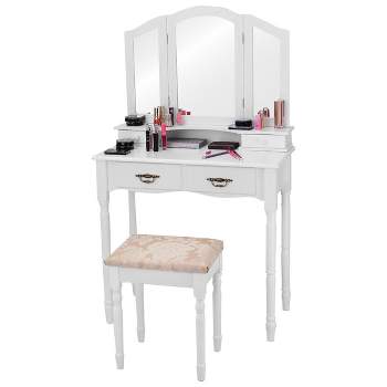 Tangkula Tri Folding Vanity Mirror Makeup Table Set w/4 Drawers & Stool White