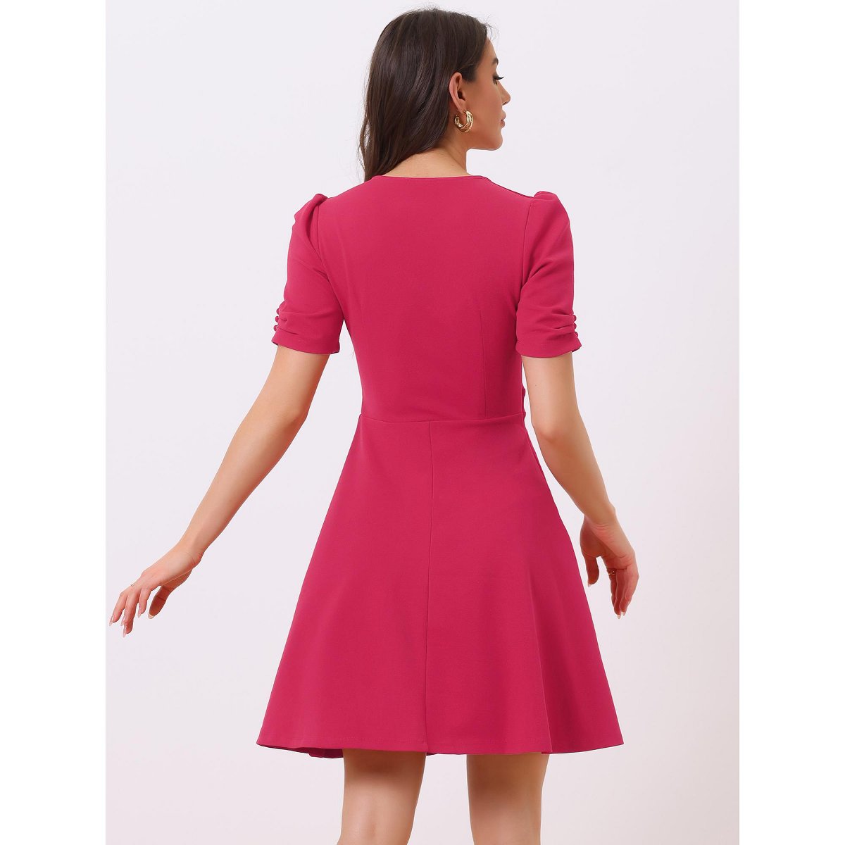 Женские платья INSPIRE CHIC Women's Elegant V Neck Puff Short Sleeve Work Office Flared Dresses Hot Pink Large — фото 3