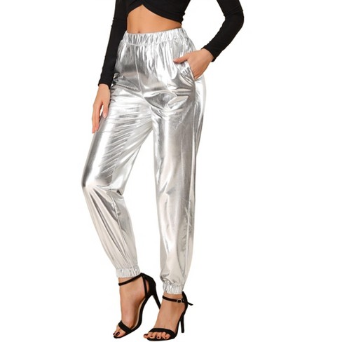 Allegra K Women's Metallic Shiny Sparkle Elastic Waist Holographic Pants  Silver Medium : Target