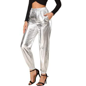 Allegra K Women's Metallic Shiny Sparkle Elastic Waist Pants