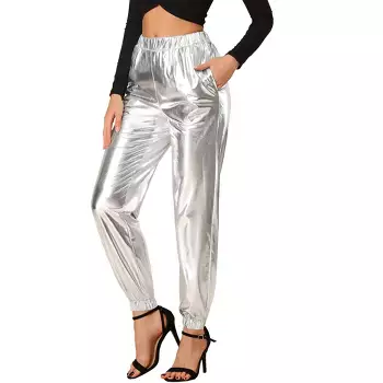 Allegra K Women's Metallic Trousers Shiny Sparkle Elastic Waist Holographic  Pants Silver Small : Target