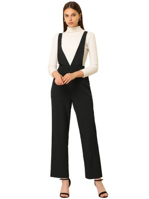 Allegra K Women's High Waist Overalls Bell Bottom Pants Suspenders Jumpsuit  Black X-Small