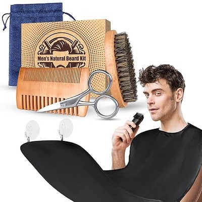 DOMETOUR Beard Brush Kit for Men Mustache Comb Beard Scissors Beard Bib Catcher Natural Boar Bristle Brush for Husband Dad Gifts