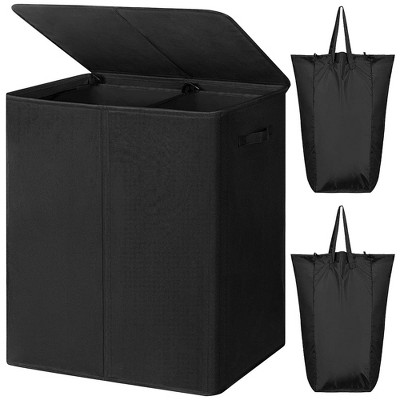 Image of WOWLIVE 154-Liter Fabric 2-Section Collapsible Double Laundry Basket Storage Hamper with Lid and Removable Bags for Bedroom, Dorm, and Bathroom, Black