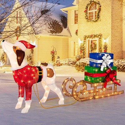 Costway Pre-lit Christmas Dog Sleigh & Gift Boxes Combo Xmas Decoration ...