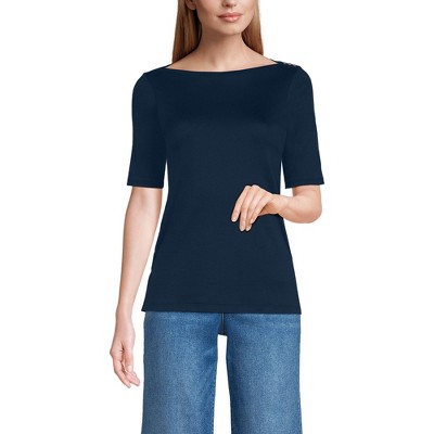 Lands' End Women's Supima Cotton Elbow Sleeve Boatneck Button Shoulder Tee