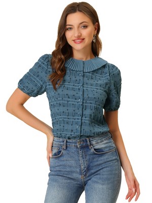 Allegra K Women's Floral Pleated Collar Puff Sleeves Button Down Shirt