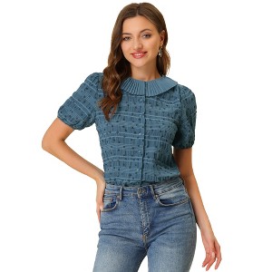 Allegra K Women's Floral Pleated Collar Puff Sleeves Button Down Shirt - 1 of 4