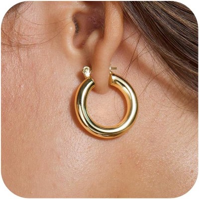 Chunky Gold Hoop Earrings for Women, 14k Gold Plated Thick Triple Hoop Earrings Hypoallergenic Trendy Chunky Gold Hoops