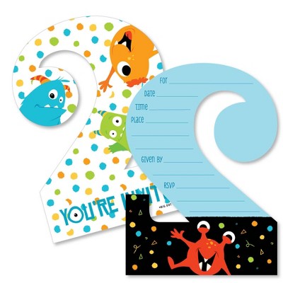 Big Dot of Happiness 2nd Birthday Monster Bash - Shaped Fill-in Invites - Little Monster Second Birthday Party Invite Cards with Envelopes - Set of 12