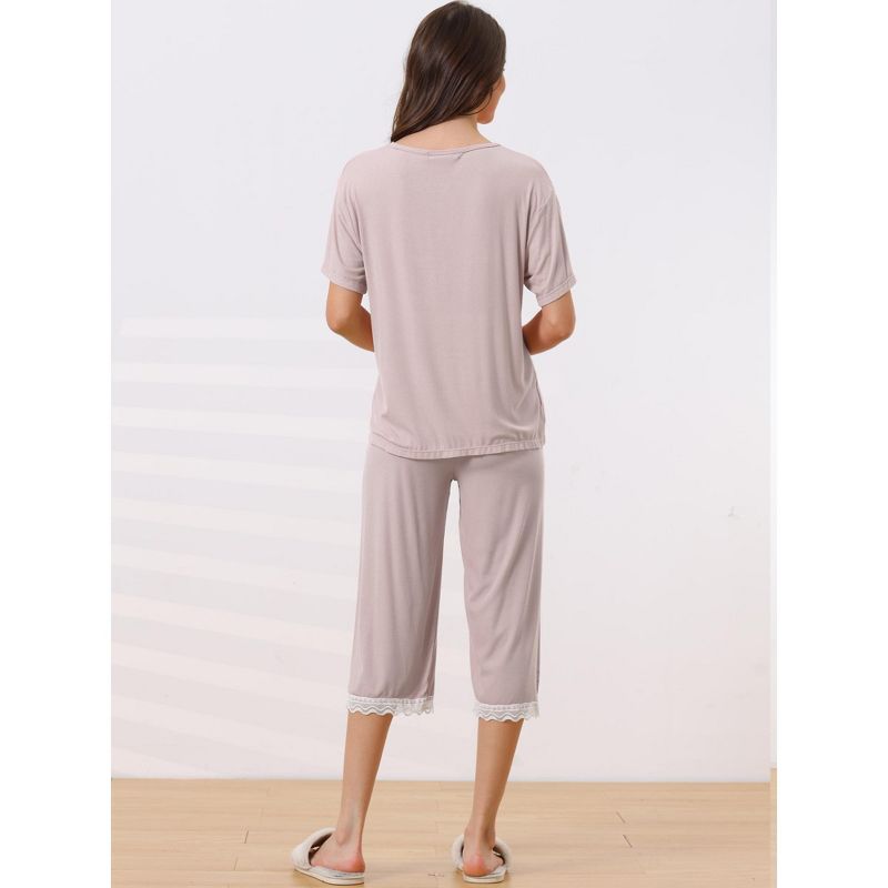 cheibear Women's Modal Loose Summer Lace Trim Short Sleeve Carpri Pajama Set, 3 of 6