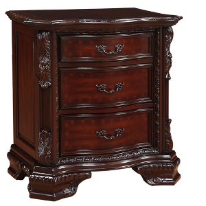 1pc Three Drawers Nightstand Intricate Moldings Beautifully Curved Silhouette Dark Cherry Finish Bedroom Solid Wood Furniture - 1 of 4