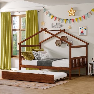 NicBex Full Size Loft Bed Roof Shape Pine Bed Frame with Twin Trundle and Headboards for Bedroom, No Box Spring Required - 1 of 4
