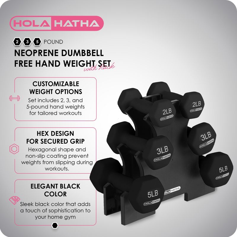 HolaHatha Neoprene Coated Hex Dumbbell Weight Training Home Gym Equipment Set with 2, 3, & 5 Pound Fitness Hand Weights and Storage Organization Rack, 2 of 7
