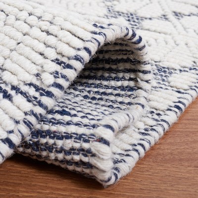 Ivory & Navy Handwoven Wool-Cotton-Silk Blend Runner Rug