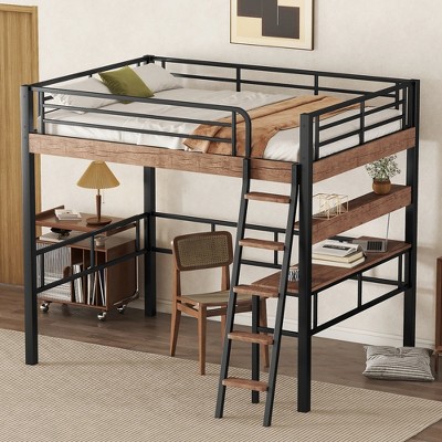 Full/Twin Size Metal Loft Bed with Built-in Desk, Storage Shelf and Ladder, Black -ModernLuxe