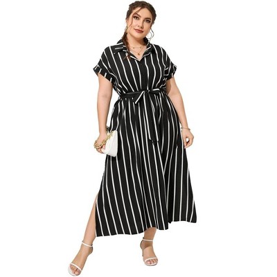 Plus Size Maxi Dresses For Women Summer Tie Belt Work Polo Dress Business  Casual Button Down Dress, Strip-white Black 01, Xl : Target