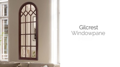 Rustic Brown Arch Wood Framed Windowpane Wall Mirror, 18 x 47