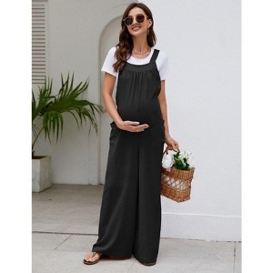 Coolmee Women Casual Maternity Square Neck Sleeveless Straps Wide Leg Long Jumpsuit With Pockets Beach Vacation Outfits - 1 of 4