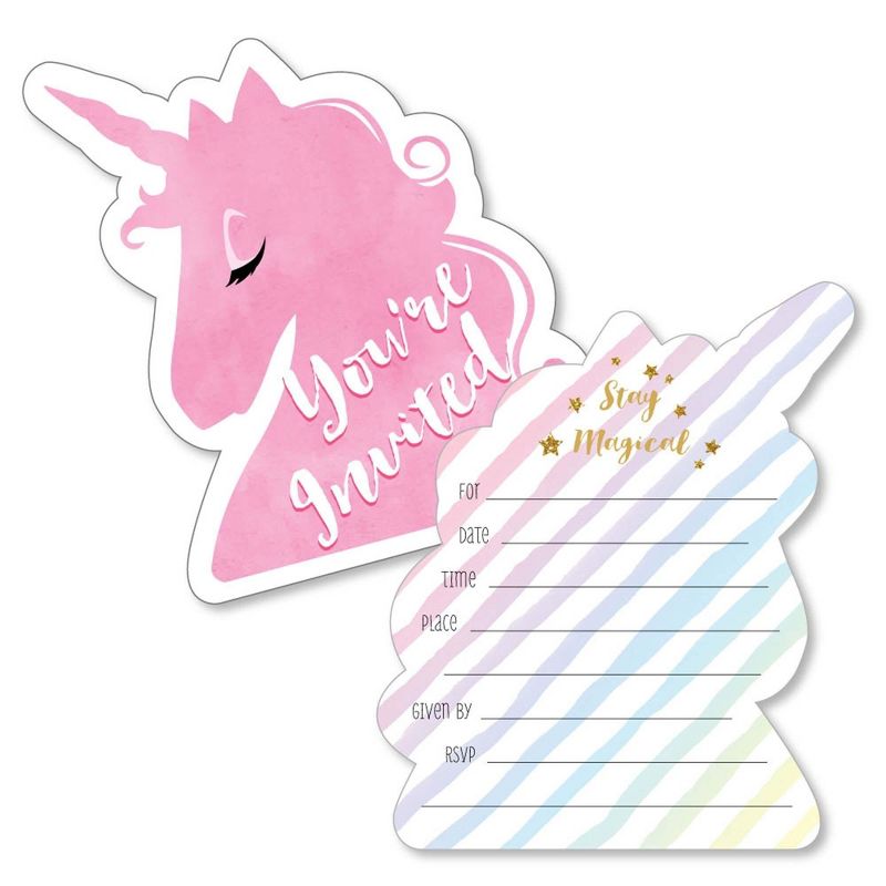Big Dot of Happiness Rainbow Unicorn - Shaped Fill-in Invites - Magical Unicorn Baby Shower or Birthday Party Invite Cards with Envelopes - Set of 12, 1 of 7
