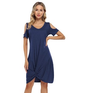 Women's Cold Shoulder Summer Twist Knot Mini Tshirts Dresses - 1 of 4