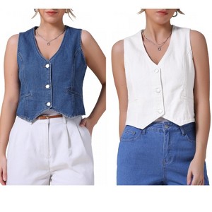 INSPIRE CHIC Women's Sleeveless V Neck Button Down Jean Crop Denim Tank Tops 2 Packs - 1 of 4