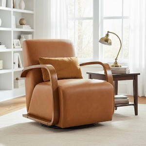 Homy Casa Swivel Accent Chair with Curved Wood Arms, Faux Leath Brown - 1 of 4