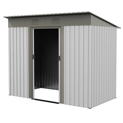 Gray Metal Garden Shed with Windows and Dual Locking Doors