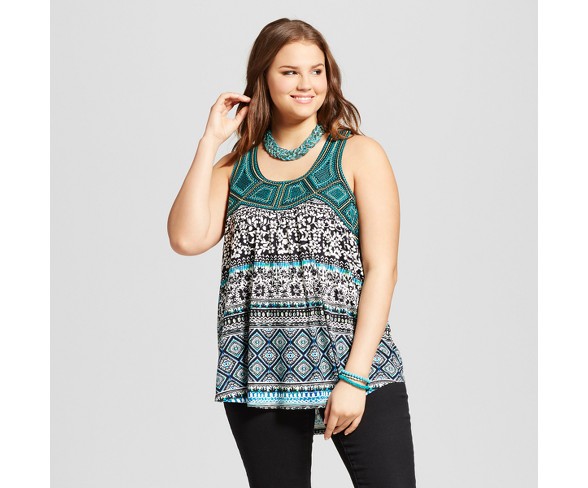 Women's Plus Size Embroidered Lace Yoke Tank Top Black/Jewel 2X - Born Famous (Juniors')