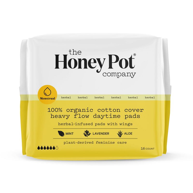 The Honey Pot Company, Herbal Daytime Heavy Flow Pads with Wings, Organic Cotton Cover - 16ct, 1 of 15