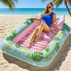 Jasonwell 4-in-1 Inflatable Tanning Pool Lounger, 70"x46" Sunbathing Raft with Pillow, Cyan Pink, Large Float for Adults - 1 of 4