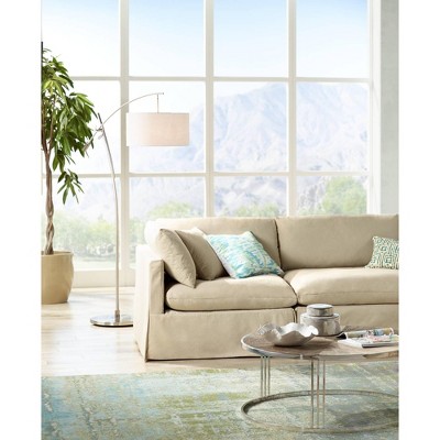 Adjustable Brushed Steel Arc Floor Lamp with Off-White Linen Shade