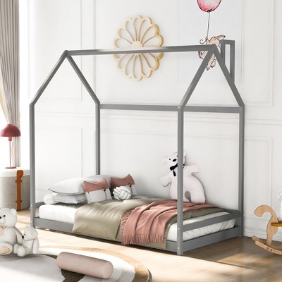 Twin Size Wood House Bed with Roof for Kids,Teens