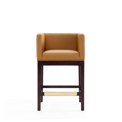 Set of 2 Camel Faux Leather and Walnut Wood Counter Stools