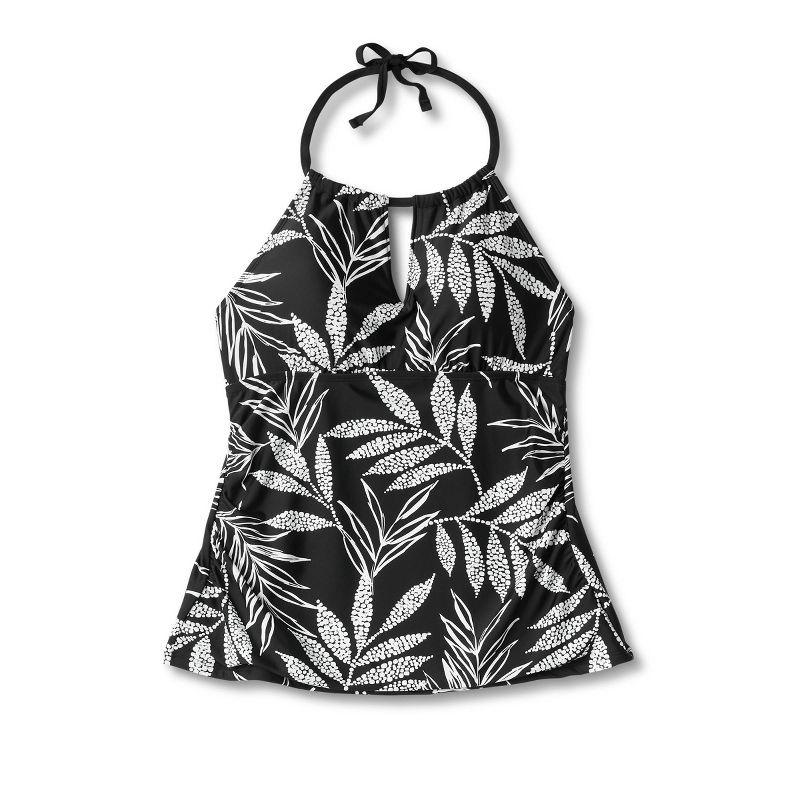 Women's Palm Print High Neck Keyhole Ruched Tankini Top - Kona Sol™ Black, 5 of 7