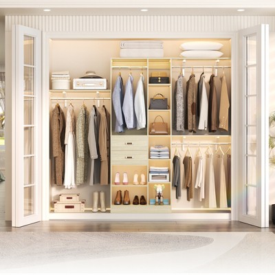 Aheaplus 96'' W Closet Organizer with 13 Shelves, DIY Closet System with Drawers and Hanging Rods