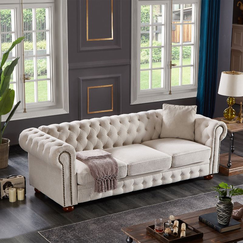 Chesterfield Linen Tufted Nailhead Upholstered Sofa with Wooden Legs - ModernLuxe, 3 of 12