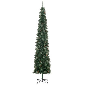 HOMCOM 9.5 FT Pencil Artificial Christmas Tree, Slim Pine Needles Xmas Tree with Realistic Branches, Pine Cones, Metal Base, Green - 1 of 4