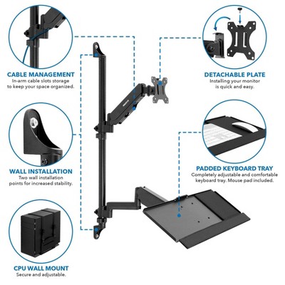 Black Steel Full Motion Wall Mount Workstation with Keyboard Tray