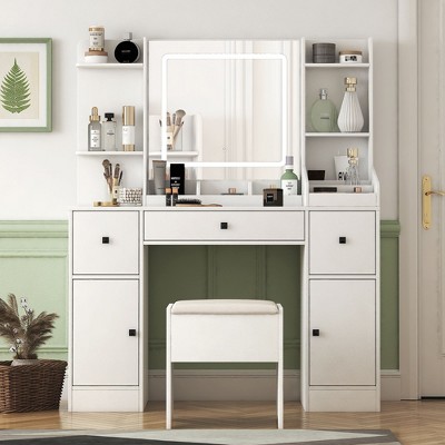 NicBex 45" LED Vanity Desk with Adjustable Lights & Large Mirror - Makeup Table with 3 Drawers, Cabinet & Easy Assembly for Bedroom/Studio, White