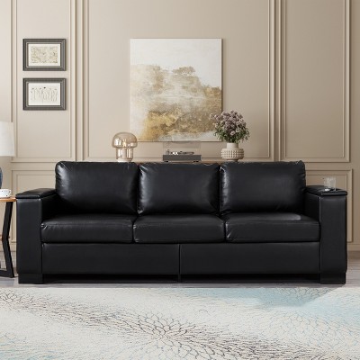 GDFStudio Isla 93.7" 3-Seater Modern Rubberwood Faux Leather Upholstered Storage Sofa with Cushions and Cup Holder