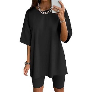 Ekouaer Women Cotton Lounge Sets Summer Outfits T-Shirt Top and Biker Short Set 2 Piece Matching Tracksuit - 1 of 1