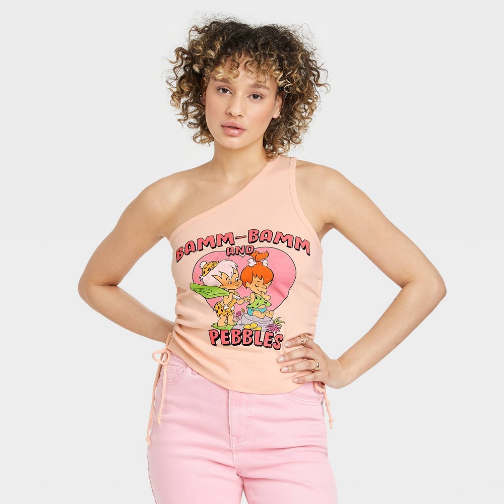 Women's The Flintstones Pebbles and Bamm Bamm One Shoulder Graphic Tank Top - Pink L