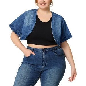 Agnes Orinda Women's Plus Size Denim Fashionable Crop Short Sleeve Jean Cardigans - 1 of 4