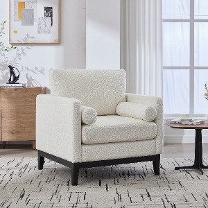 Lyngins Textured Boucle Accent Chair, Modern Farmhouse Square Armchair with Natural Wood Legs, Single Sofa Chair with 2 Pillows for Living Room - 1 of 4