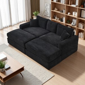 82" Corduroy Sectional Sofa Bed with Pillows & Ottomans - 1 of 4