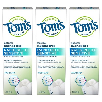 Tom's of Maine Rapid Relief Sensitive Fluoride-Free Toothpaste Fresh Mint 4.0oz/3pk