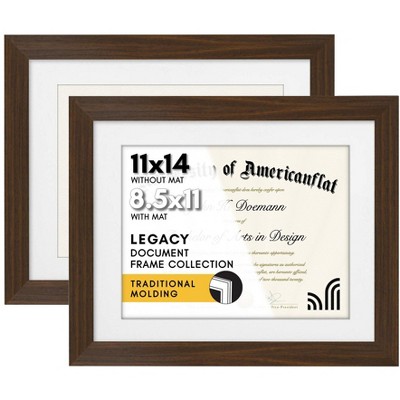 Americanflat 11x14 Walnut Diploma Frame - Displays 8.5x11 Diplomas with Mat or 11x14 Inch Without Mat - Shatter-Resistant Glass. (2 Pack)